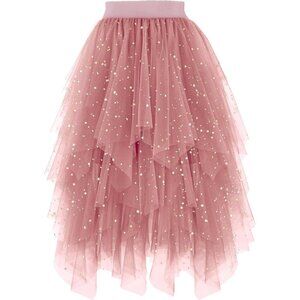 Tulle Sequin Blush Pink for Women High Waist Elastic Midi Skirt Mesh Tutu Skirt